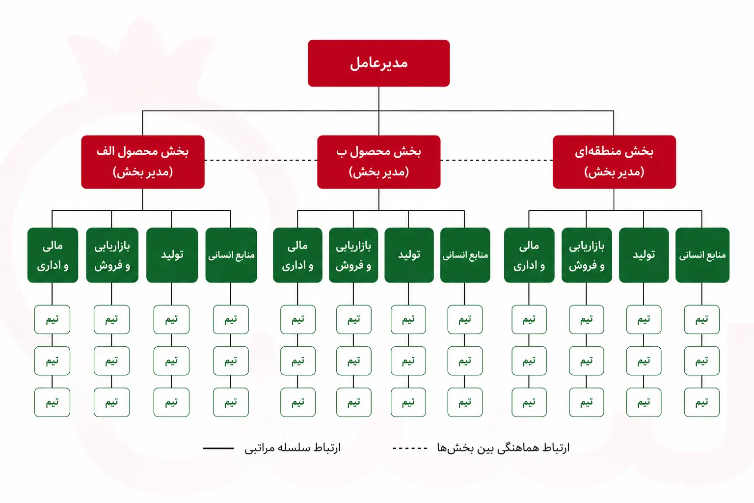 چارت سازمانی بخشی بر اساس محصول، منطقه جغرافیایی یا مشتری